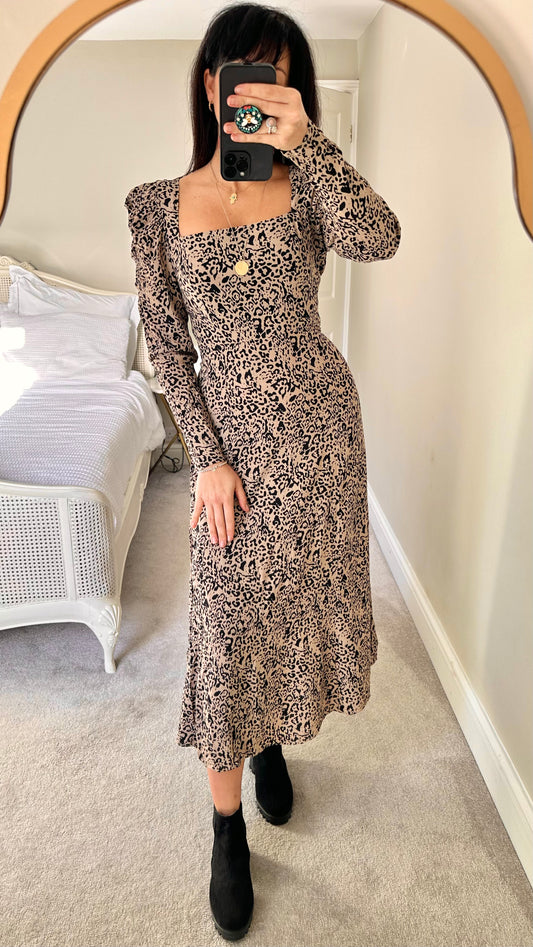 Zara beige black leopard print long midi dress UK 14-16 large xxl vgc