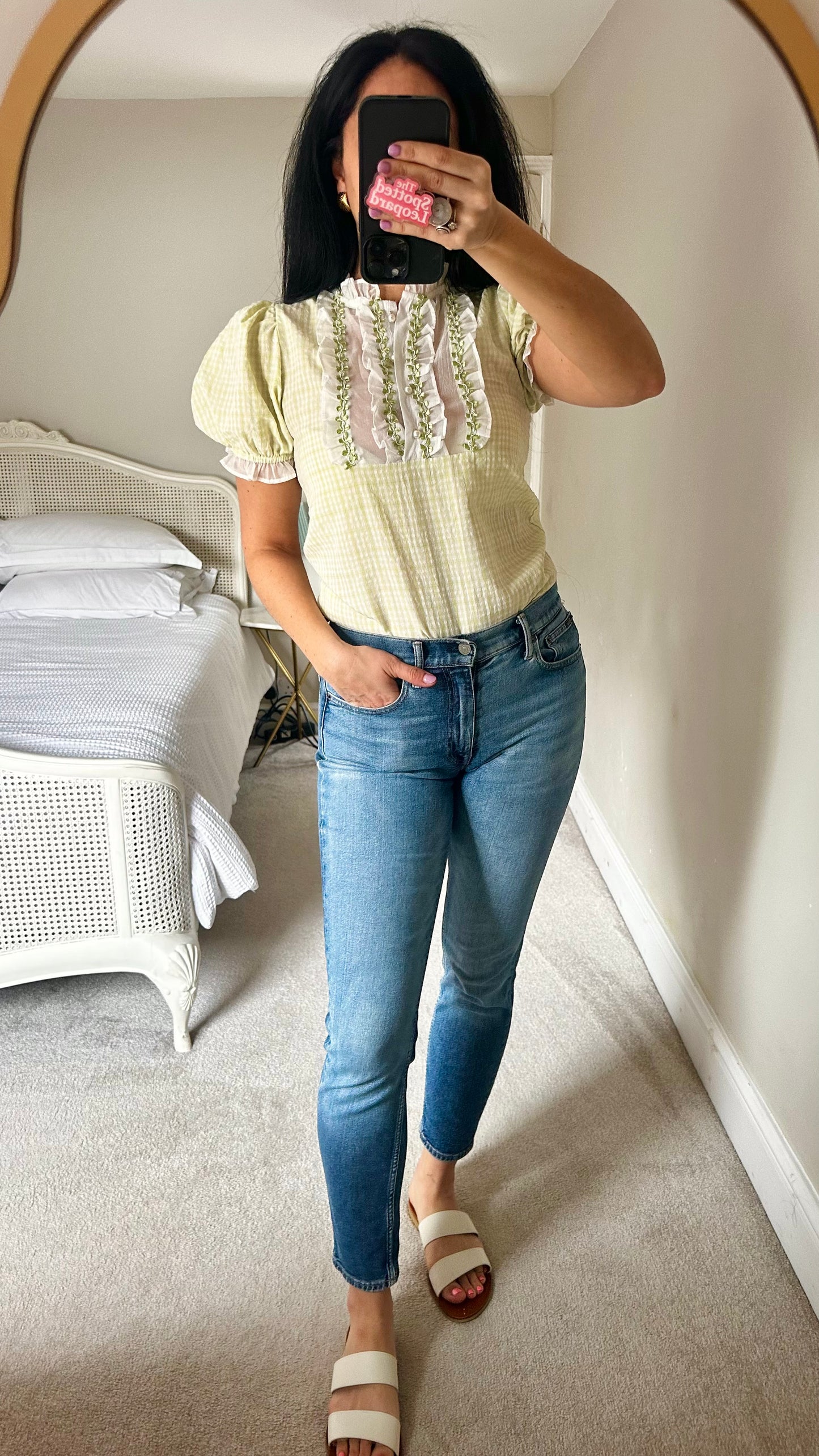 Sister Jane green white gingham check shirt top small UK 8 vgc