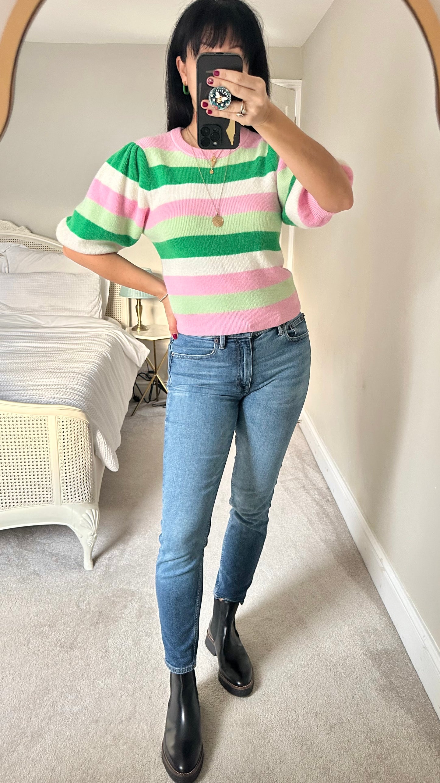 Kitri green pink stripe alpaca wool blend knitted jumper large UK 12 vgc