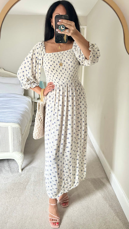 Warehouse white blue floral ditsy midi maxi long dress extra small medium UK 6 12 vgc