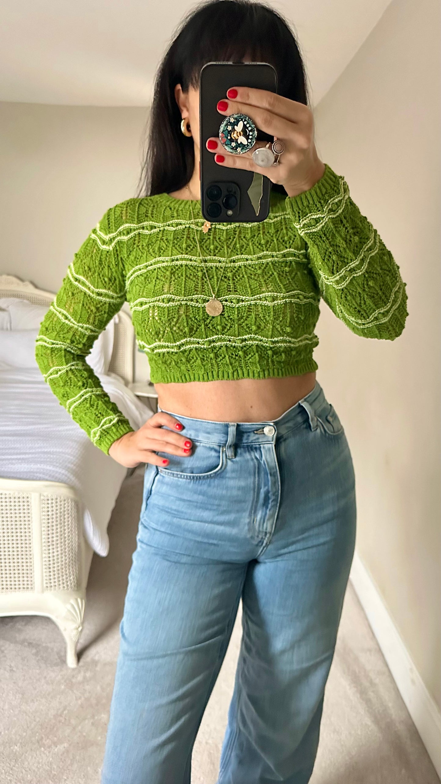 Zara bright green crochet knitted jumper cropped small UK 8 vgc