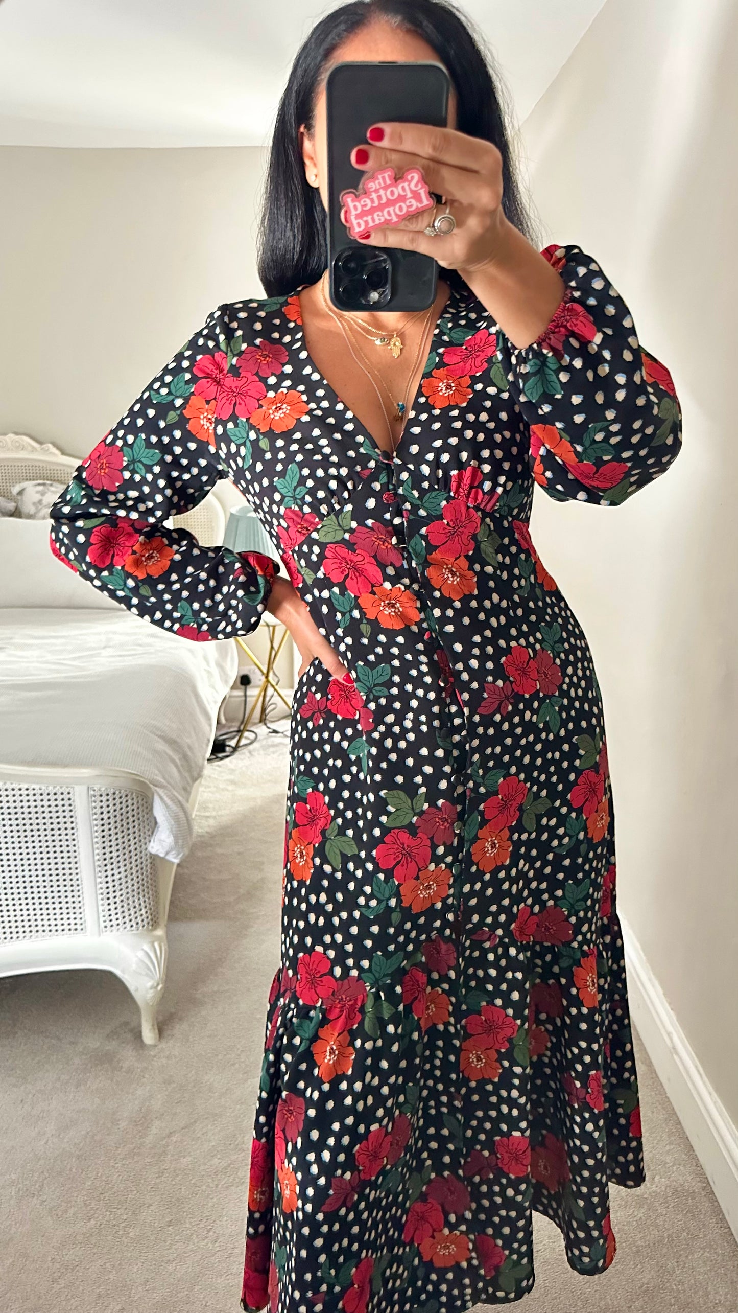 Topshop black red Polk dot midi long dress medium UK 12 vgc