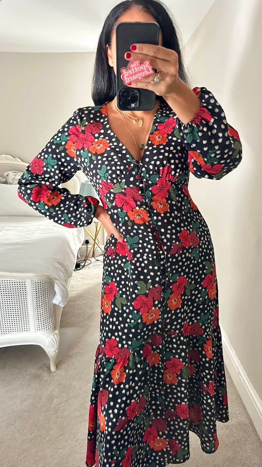 Topshop black red Polk dot midi long dress medium UK 12 vgc
