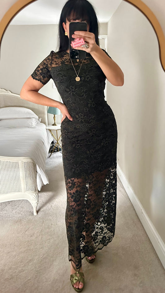 Ganni dark green olive khaki lace maxi dress small UK 10 stretch event vgc