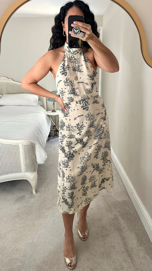 & Other stories cream black tree city print halterneck backless midi dress medium M UK 10-12 vgc
