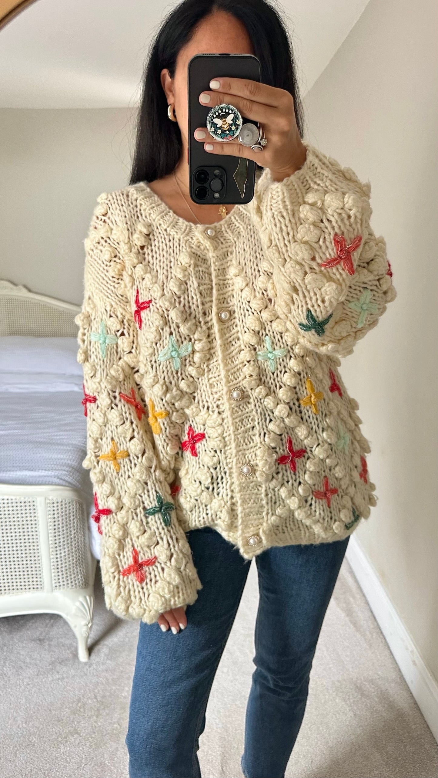 Jovonna london cream pink metallic chunky bobble knit oversized cardigan extra large UK 12-14 vgc