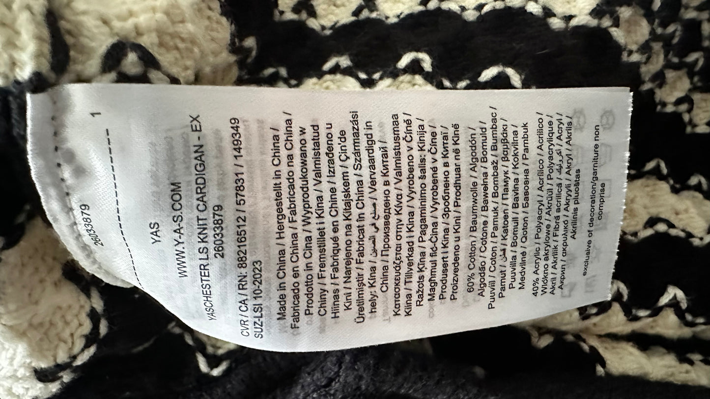 YAS black cream stripe bubble knitted cardigan jumper large UK 12 vgc