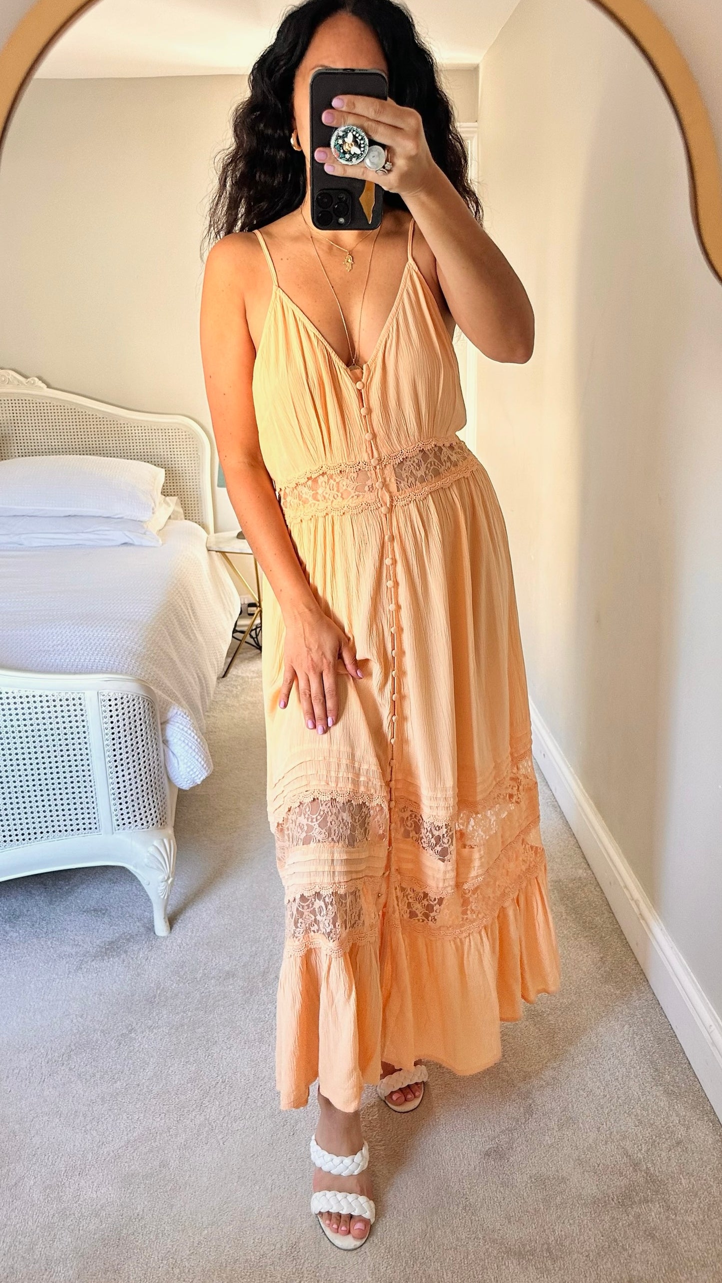 Y.A.S peach button up lace maxi dress holiday extra large XL UK 14 vgc