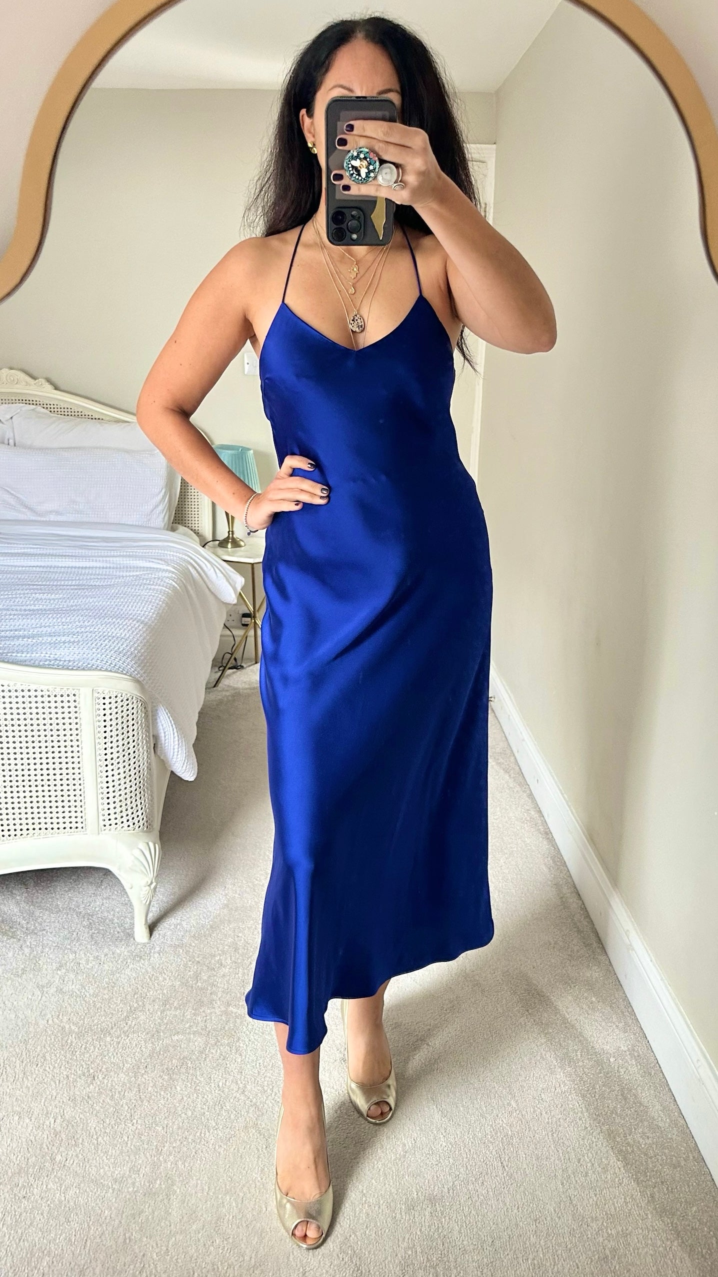 Zara cobalt blue satin backless midi maxi strap dress party Christmas event medium M UK 10