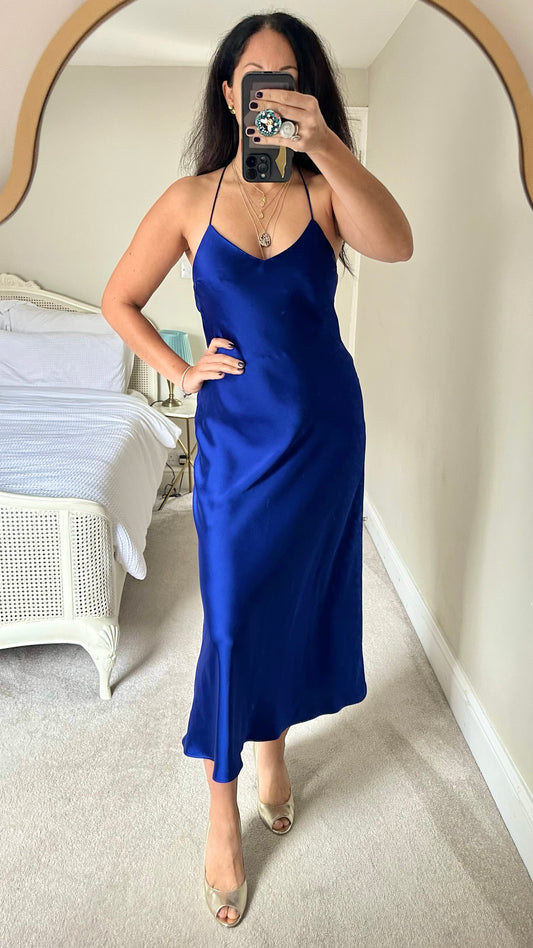 Zara cobalt blue satin backless midi maxi strap dress party Christmas event medium M UK 10