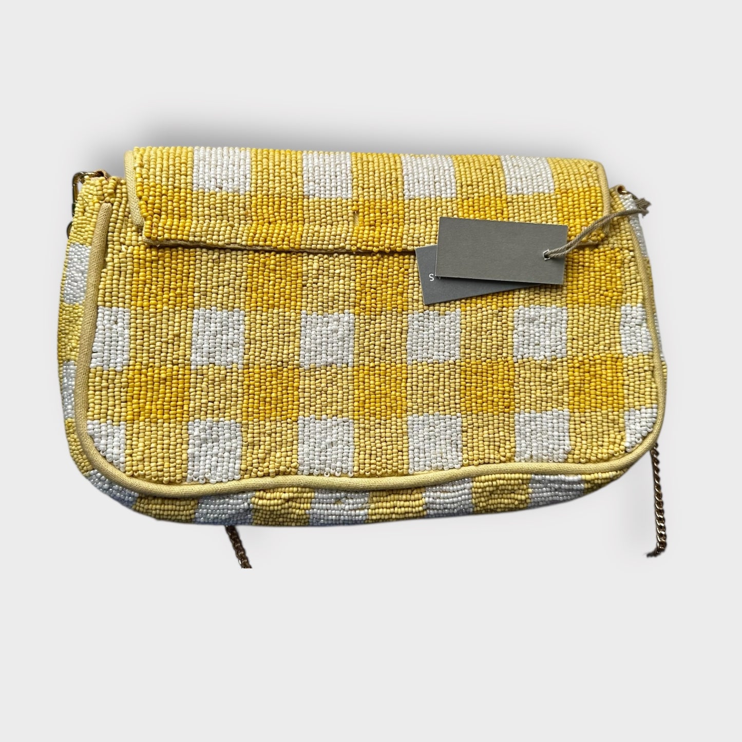 Oliver Bonas yellow white gingham check sequin pinapple 🍍 bag small new bnwot