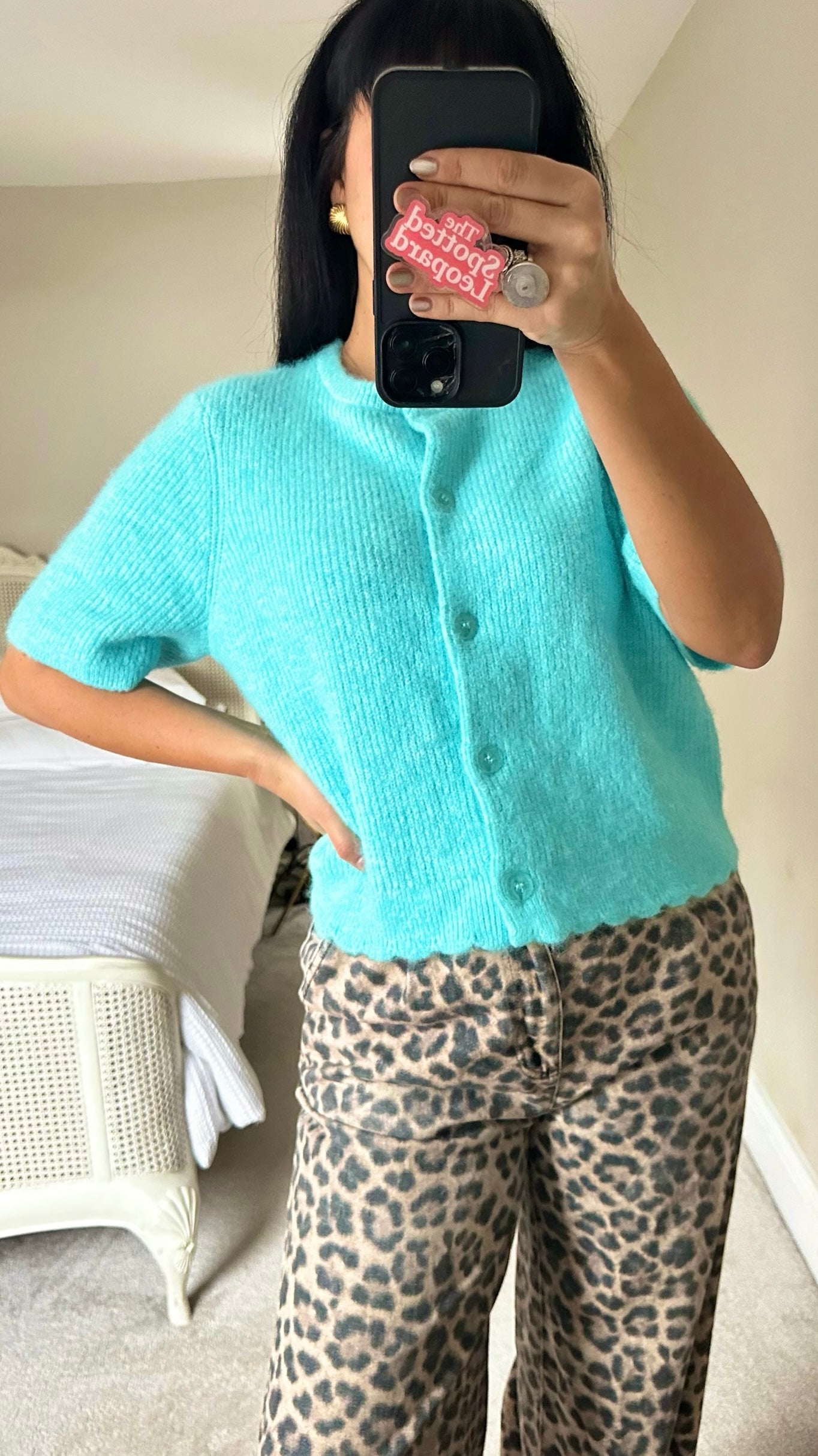 Oliver bonas turquoise scalloped knitted cardigan jumper medium UK 12 vgc