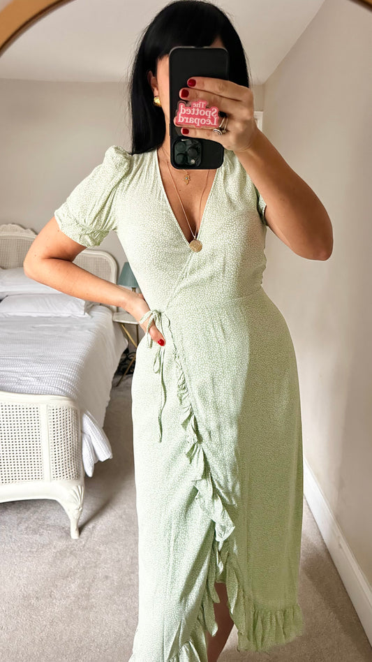 & other stories light green white polka dot floral wrap dress long wedding guest small UK 8 vgc