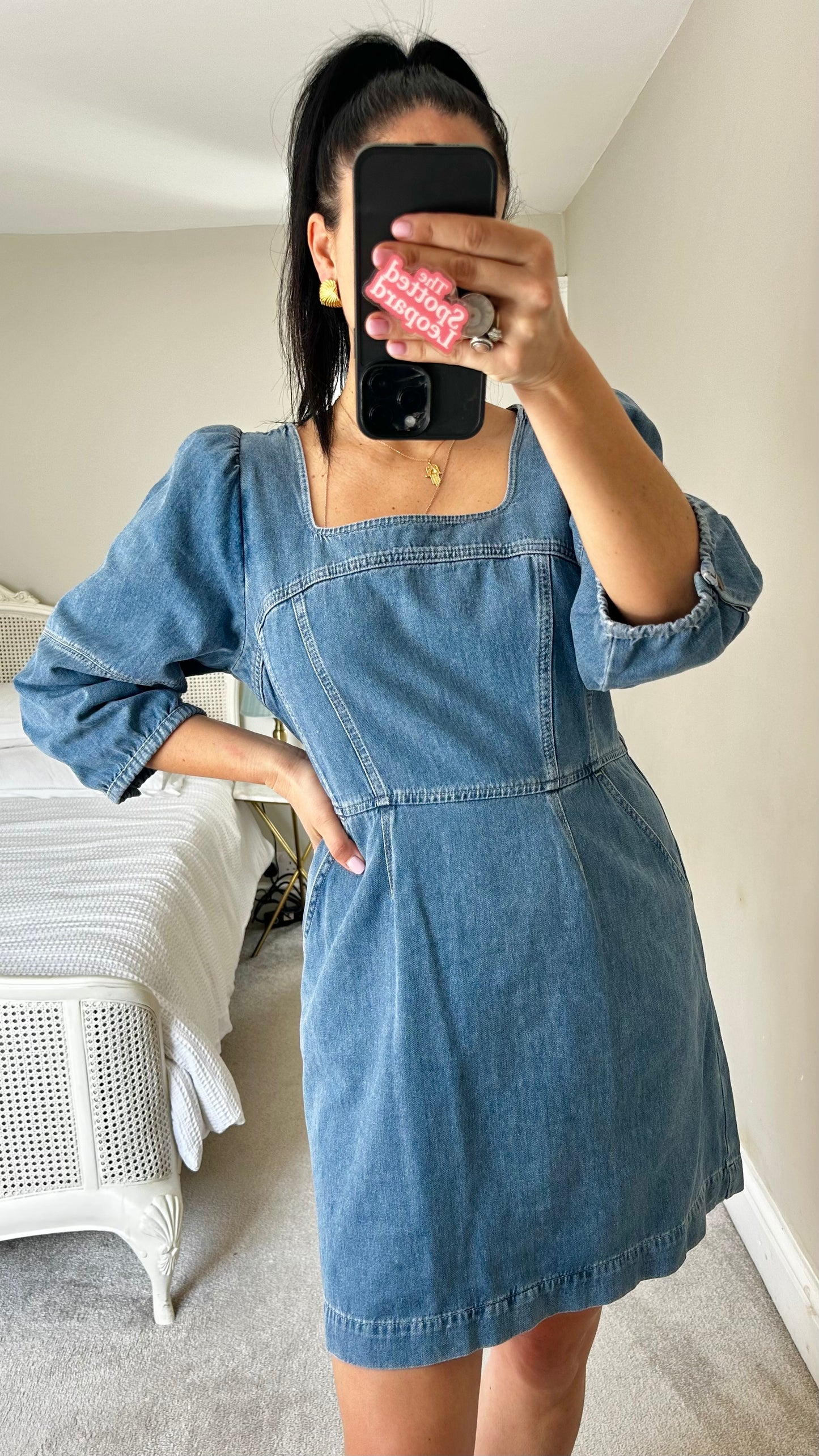 Oliver Bonas blue navy denim jeans dress casual mid length small UK 10 vgc