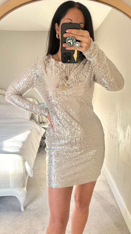 Meshki silver gold sequin party event mini dress large UK 12 vgc