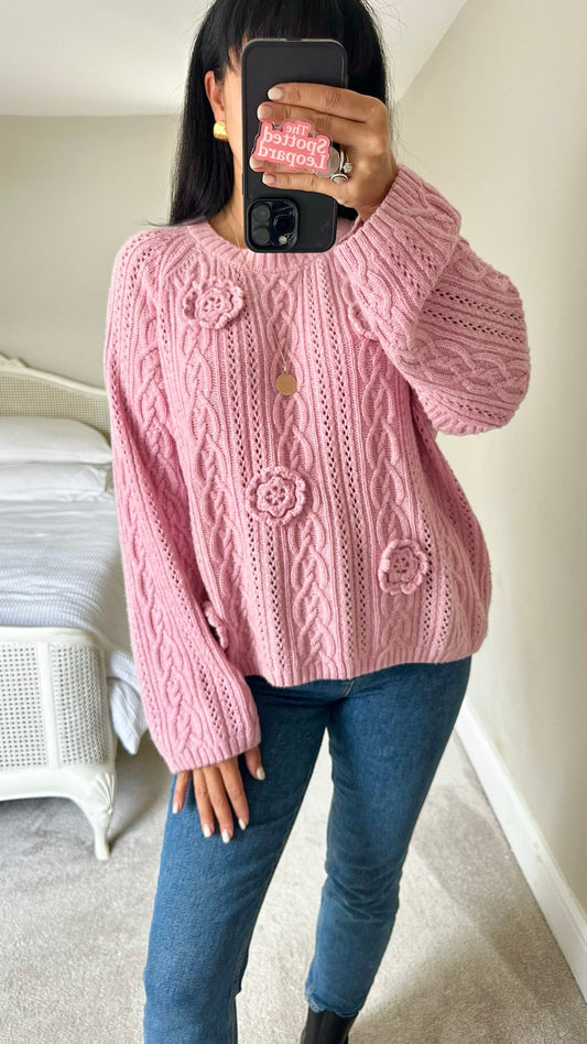 Selected femme @ Anthropologie pink crochet flower jumper extra large UK 14-16 vgc
