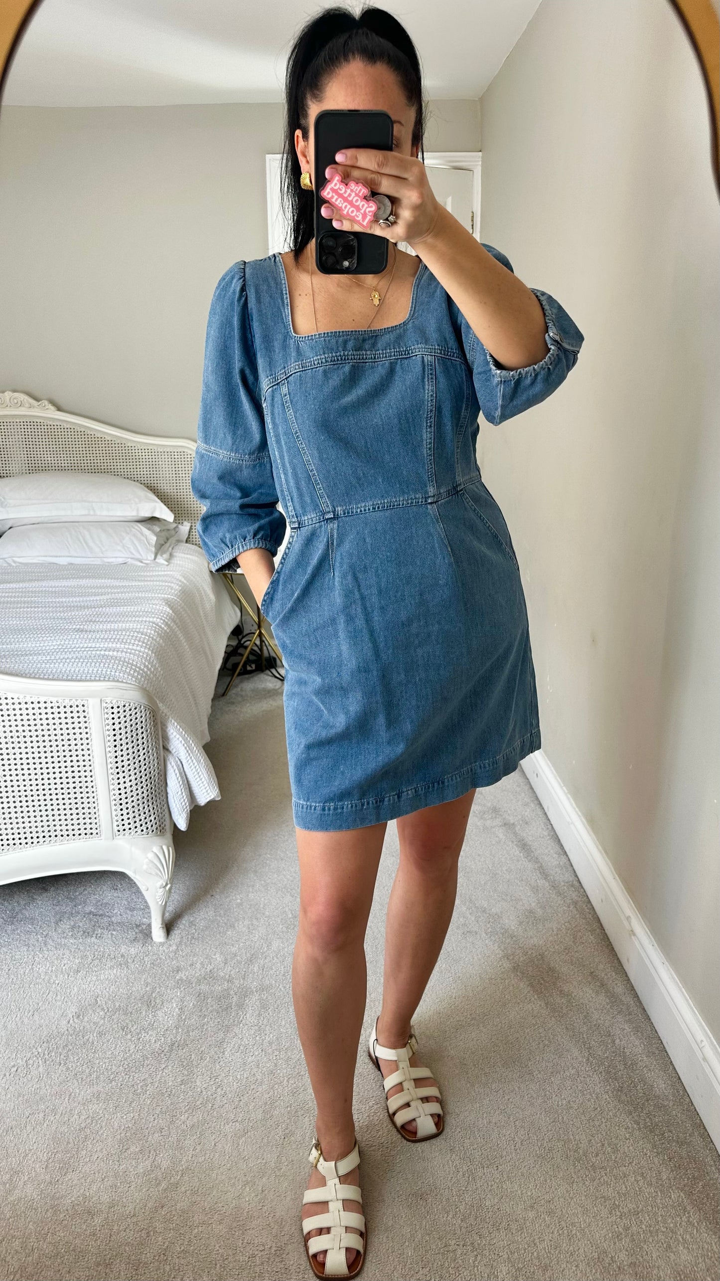 Oliver Bonas blue navy denim jeans dress casual mid length small UK 10 vgc
