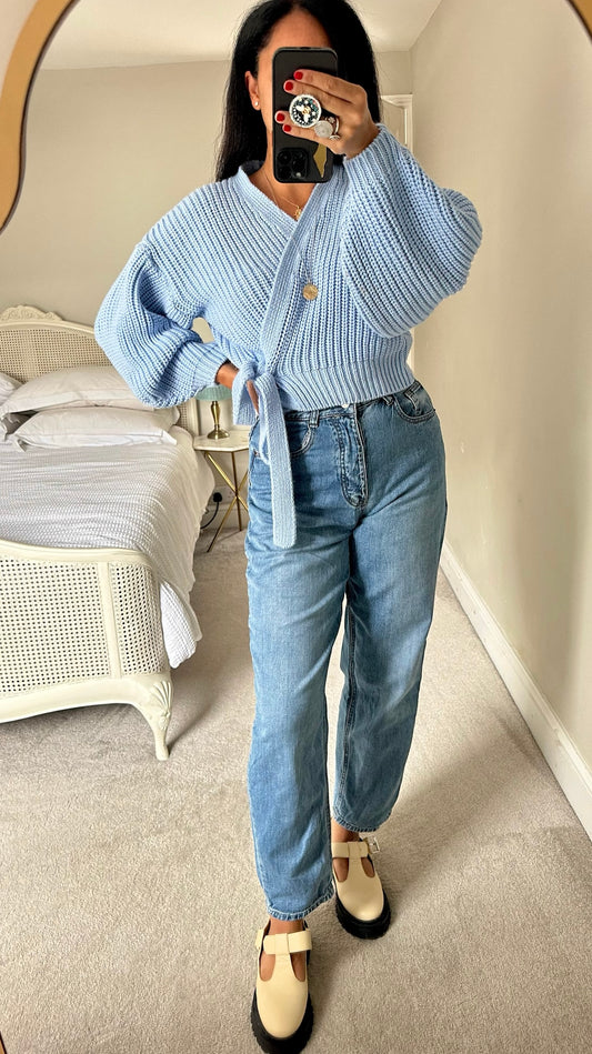 Nasty gal light blue knitted wrap cardigan jumper medium UK 10 vgc w25