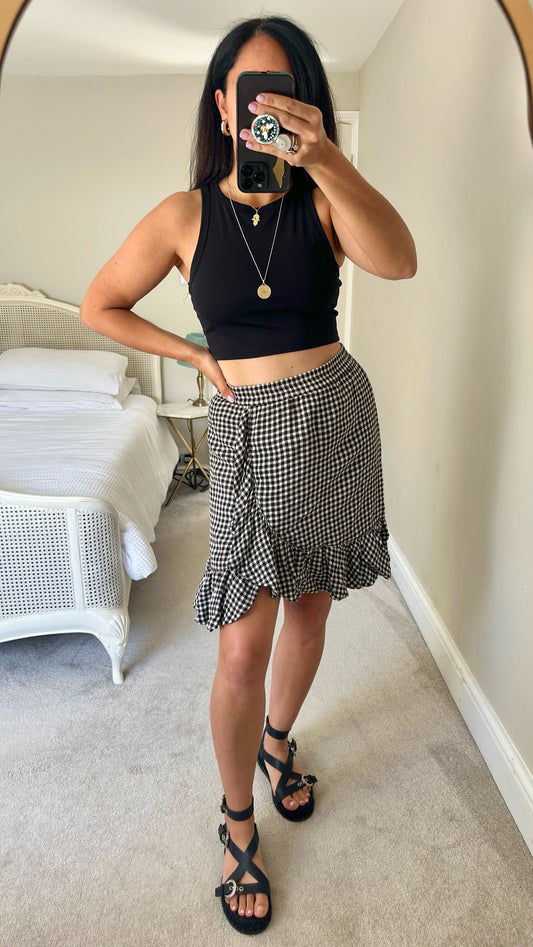 Ganni faux wrap gingham black and white checkered mini skirt large UK 12 vgc