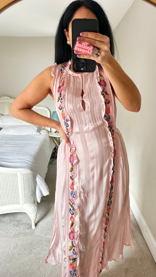 French Connection rose pink stripe embroidered event midi long dress medium UK 14 vgc