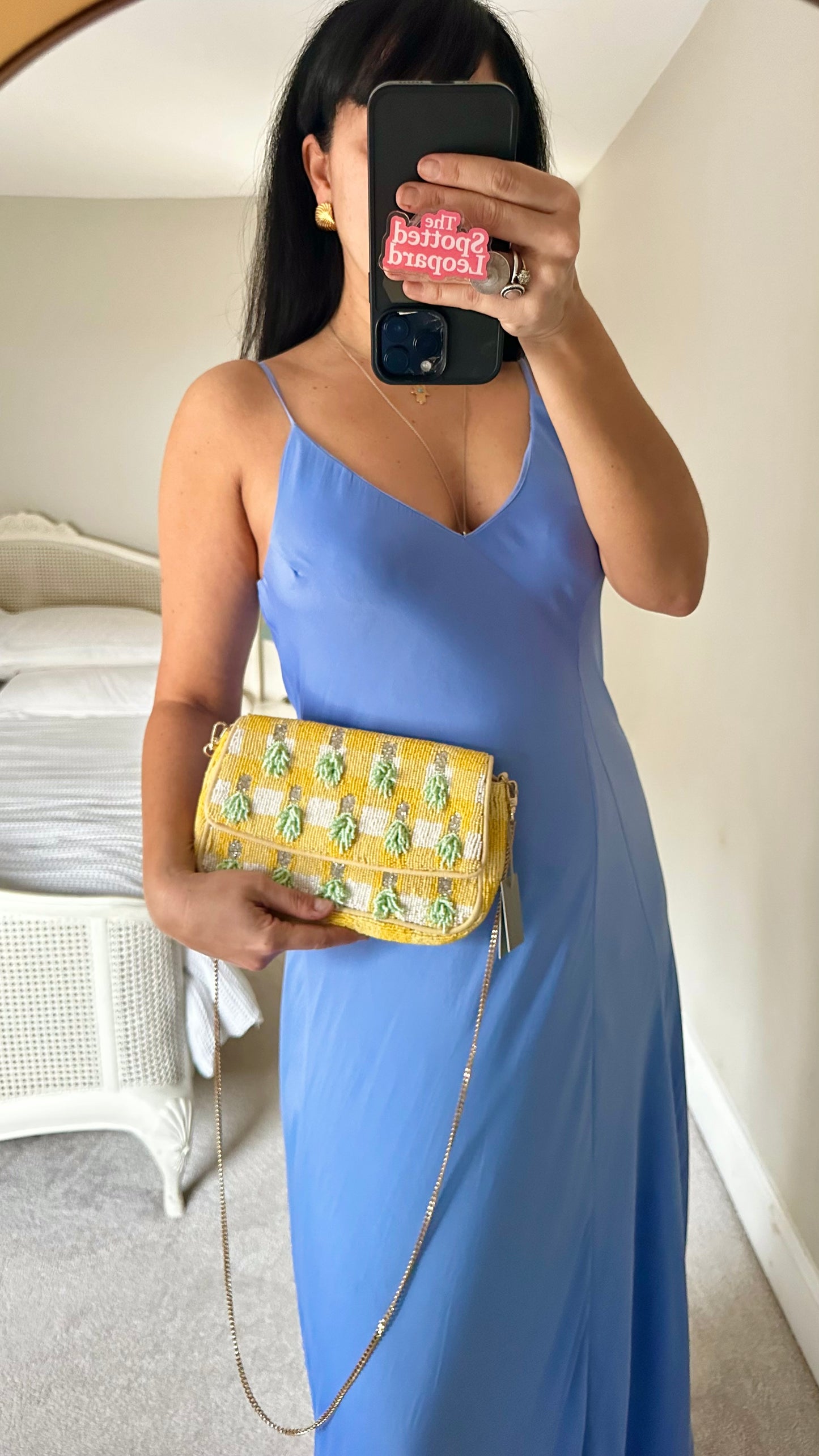 Oliver Bonas yellow white gingham check sequin pinapple 🍍 bag small new bnwot