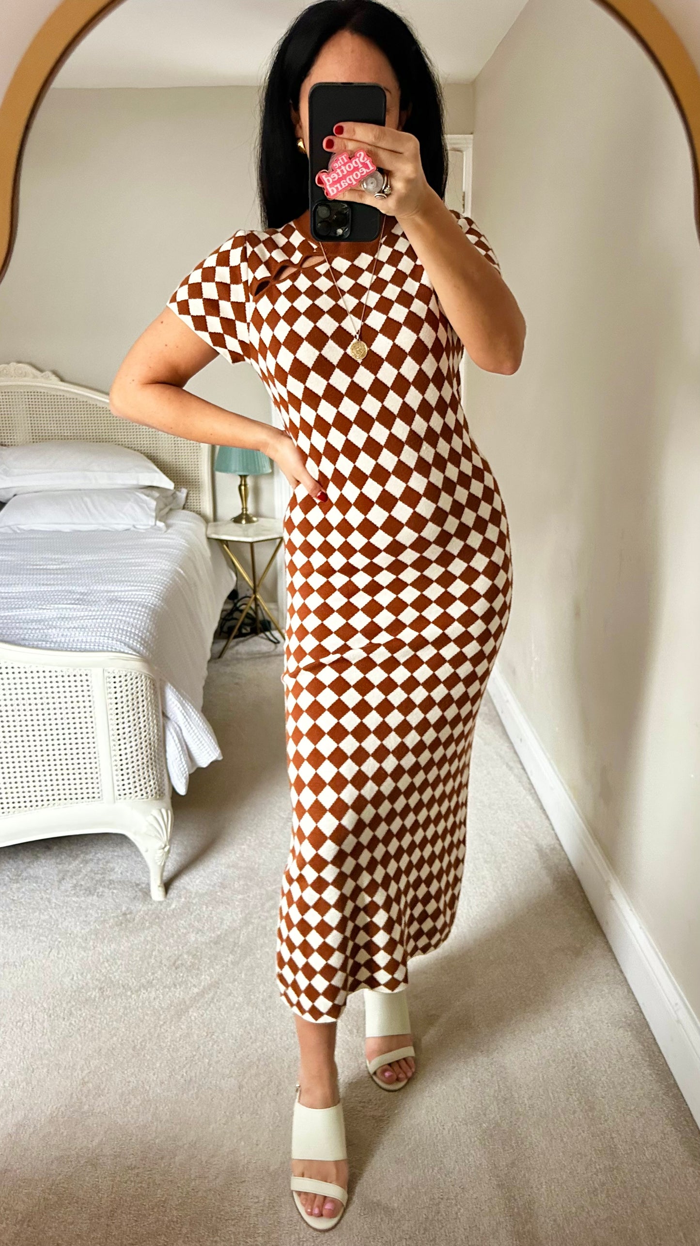 Kitri brown cream checkered midi long dress event large UK 14 vgc
