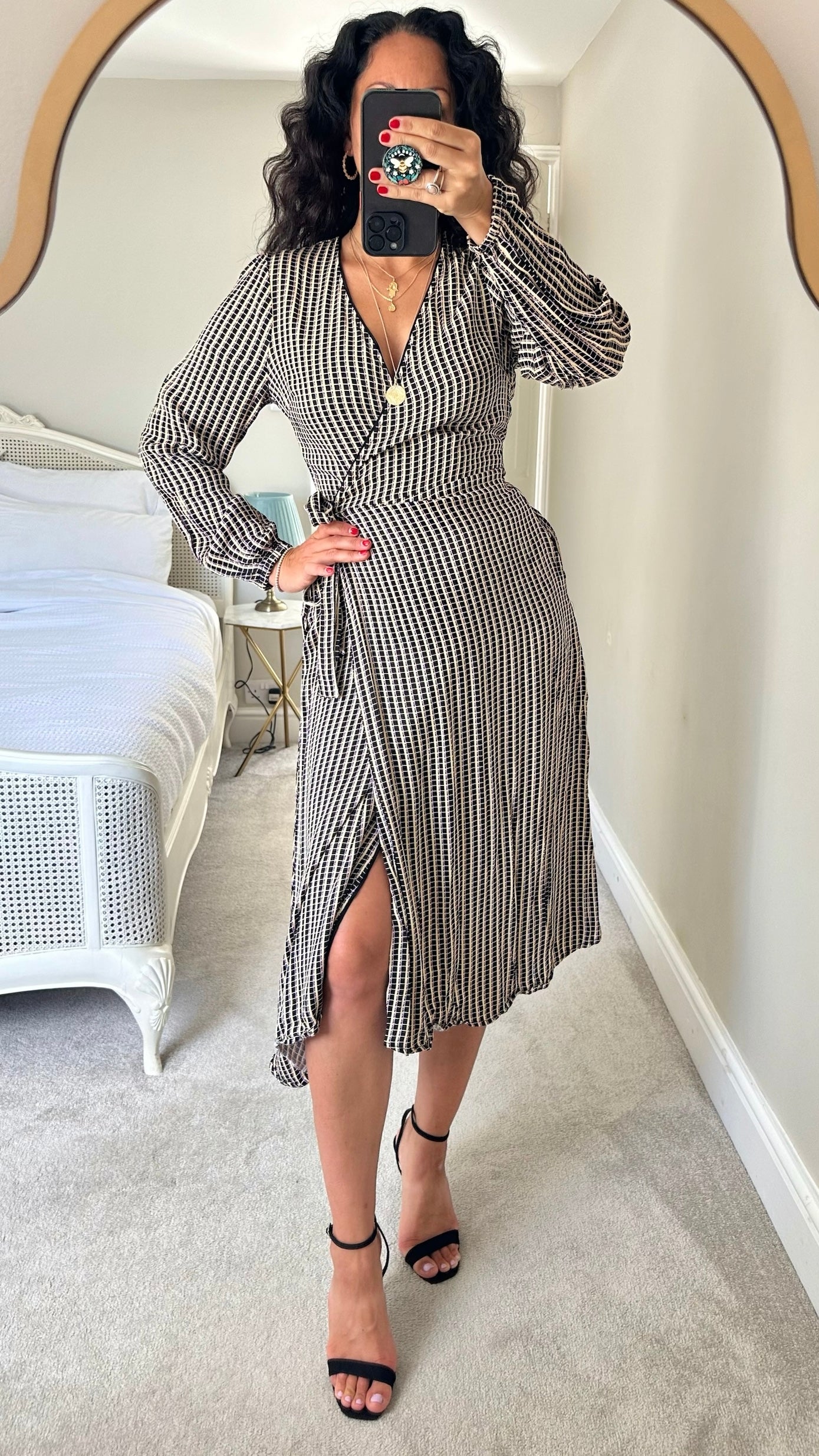 Second Female black and white check stripe office wrap midi dress small S UK 8 10