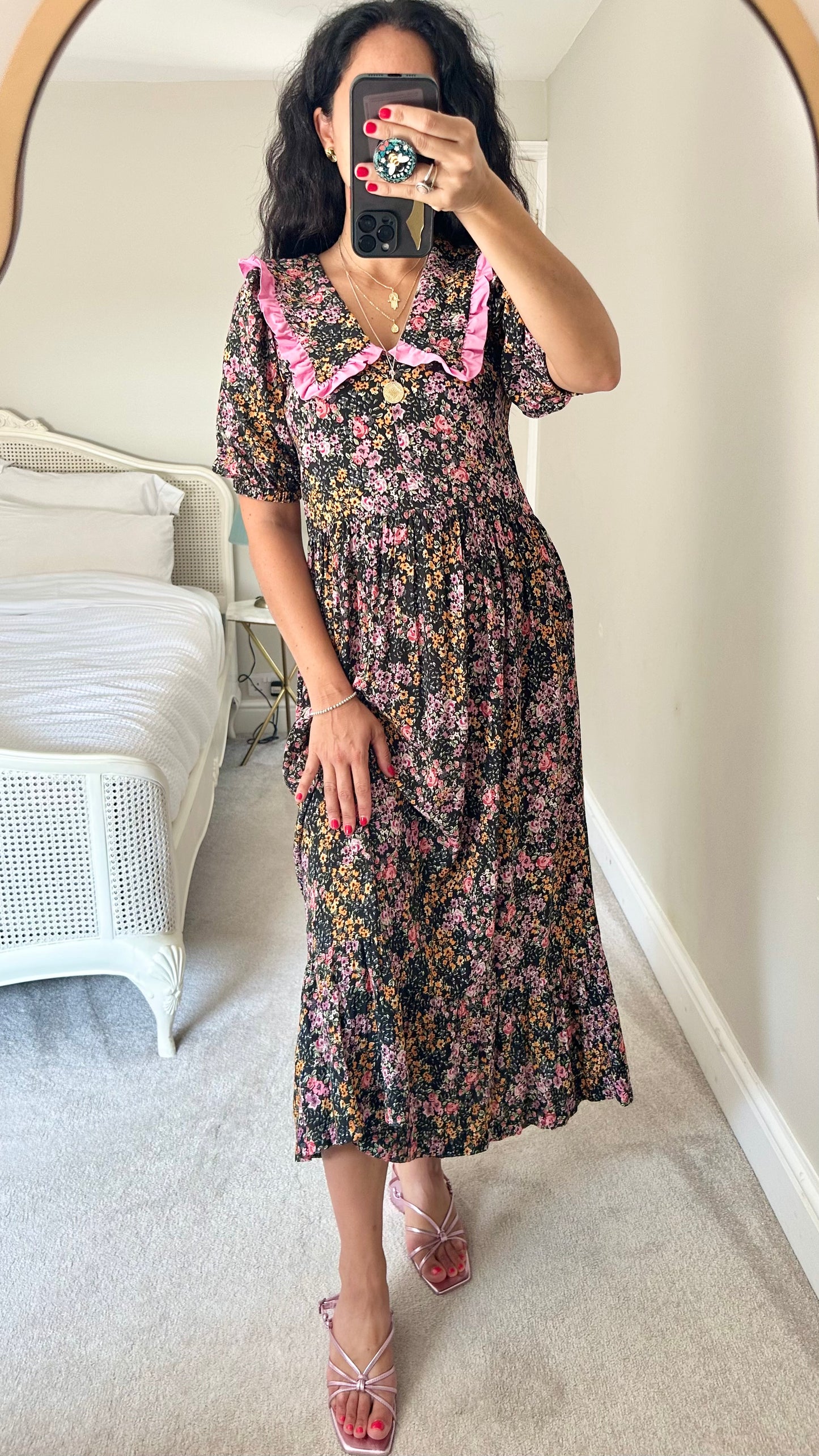 Molby the Label pink black floral oversized collared maxi midi dress medium UK 10 vgc