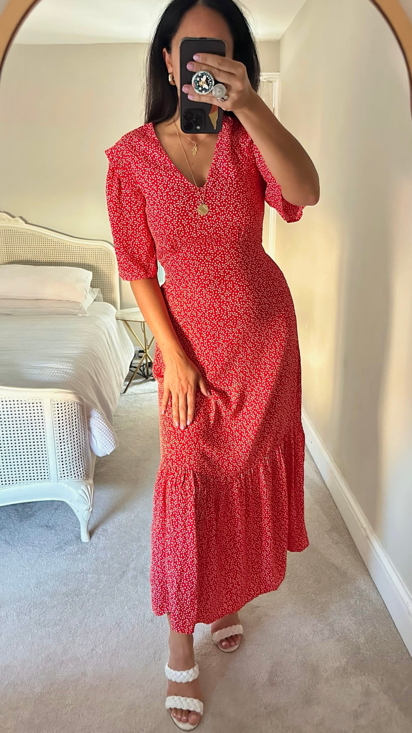 Albaray red ditsy tiered hem maxi dress wedding guest small medium extra large UK 8-10 14 as new condition