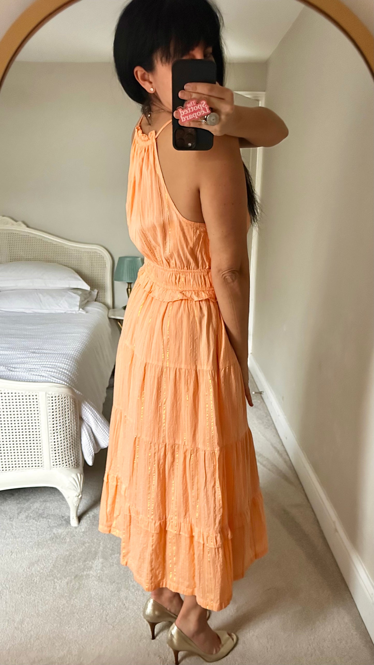 Oliver Bonas Orange gold stripe holiday midi long dress medium UK 12 vgc