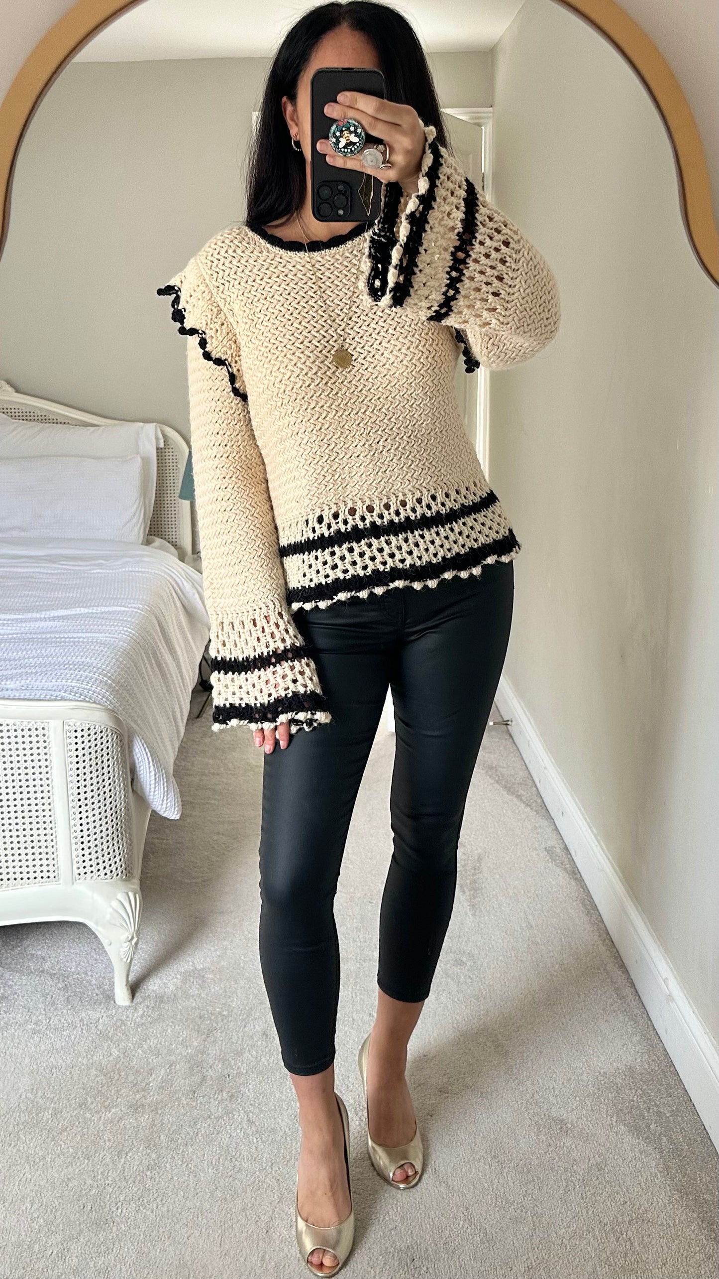 Mango cream black wool blend crochet knitted jumper extra large UK 12-14