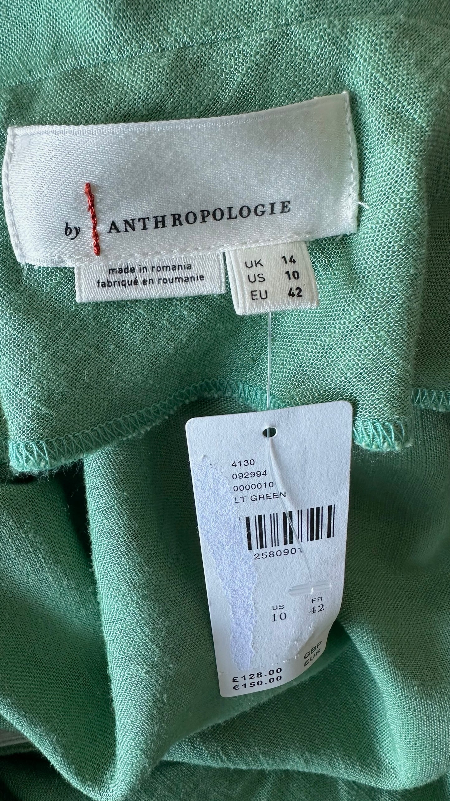 Anthropologie light green linen blend bandeau strapless maxi dress holiday event large L UK 12-14 BNWT