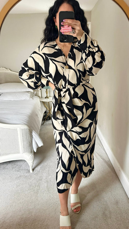 & other stories black cream floral wrap midi event dress small UK 10 vgc