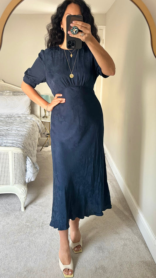 Seen Worn Kept @ Anthropologie navy blue midi maxi wedding guest dress large UK 12