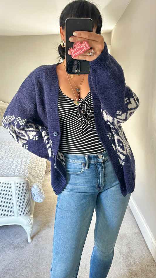 Kitri navy blue white knitted wool blend cardigan medium UK 12-14 oversized