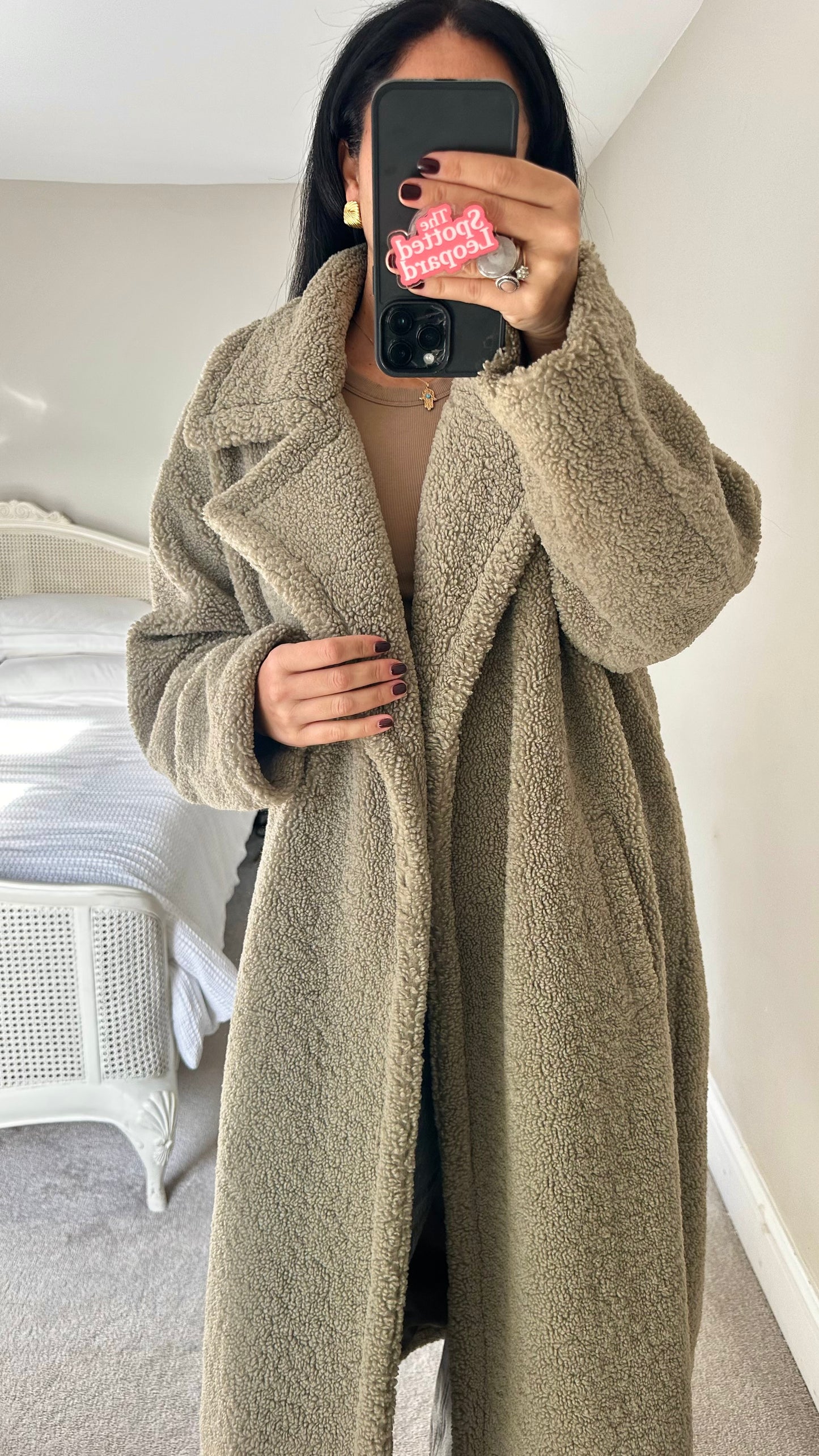 Pretty Lavish khaki beige stone teddy long maxi coat large UK 12 14 16 vgc