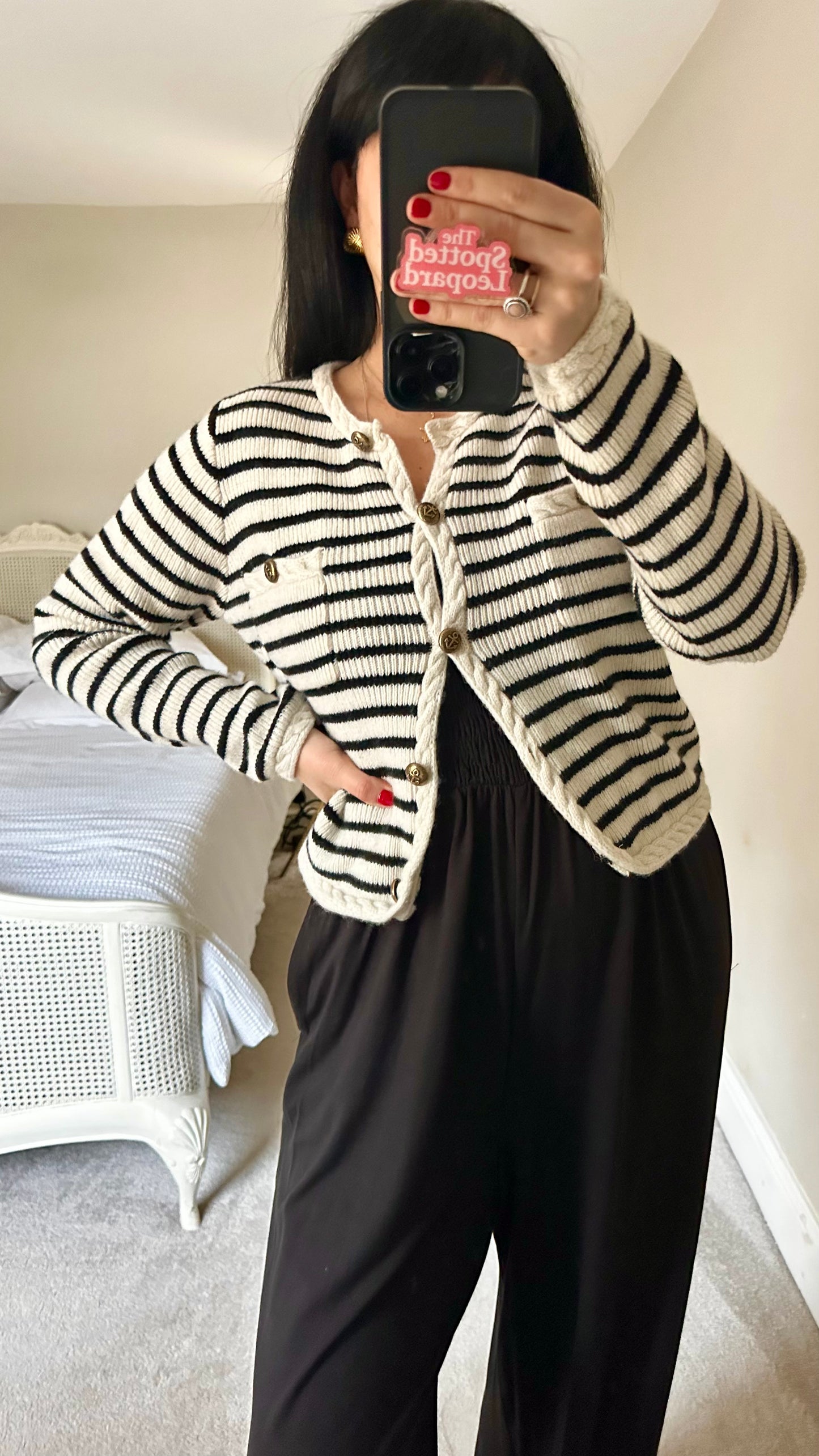 Suncoo black white stripe cardigan wool blend knitted jumper small UK 8-10