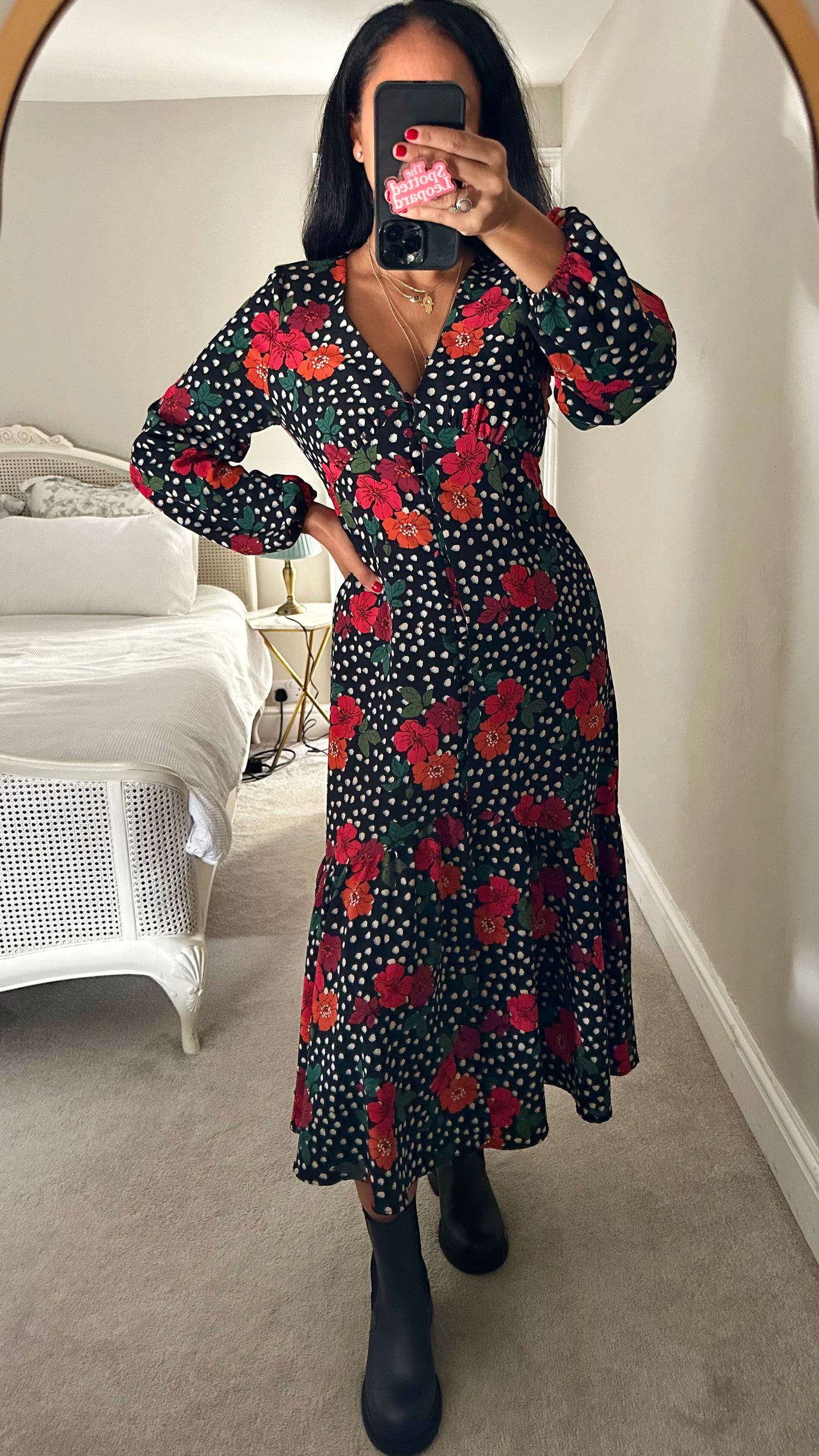Topshop black red Polk dot midi long dress medium UK 12 vgc