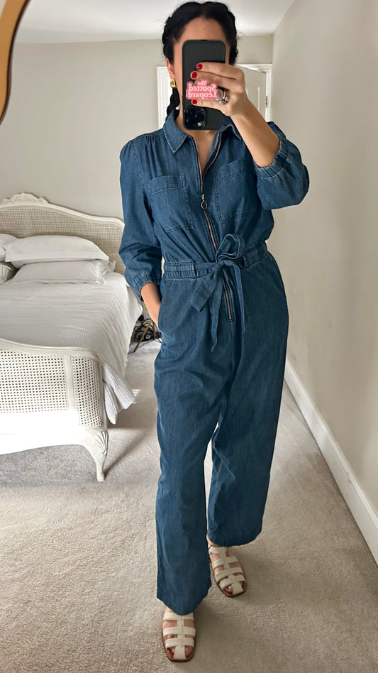 Oliver Bonas navy blue denim jeans jumpsuit playsuit boilersuit medium UK 12-14 vgc