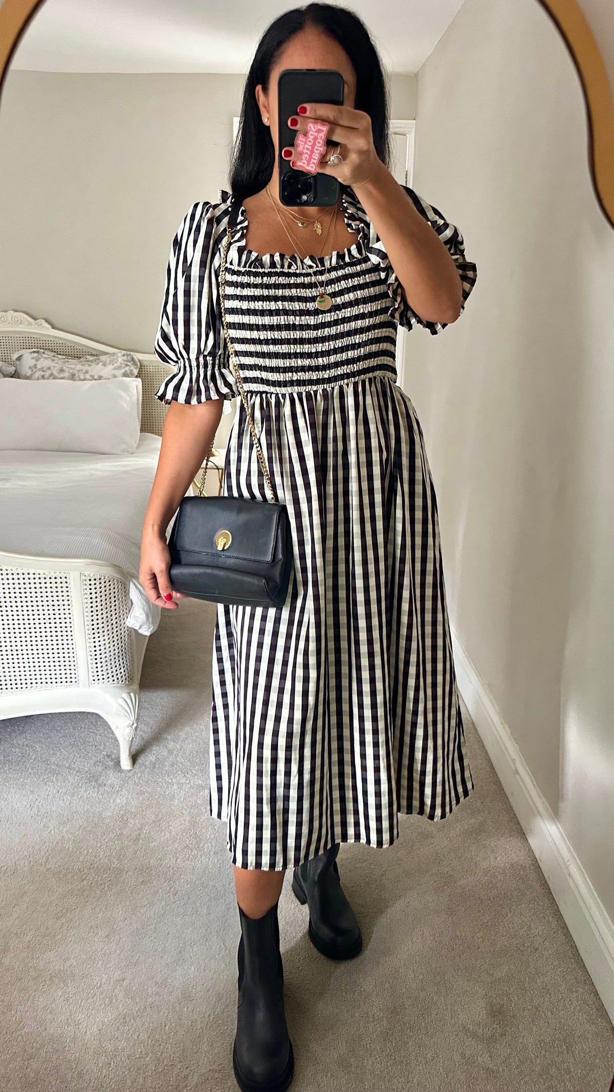 Warehouse black white gingham check midi shirred long dress medium UK 14 vgc