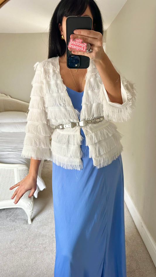 Jovonna London white tassel jacket event wedding guest medium UK 12 vgc