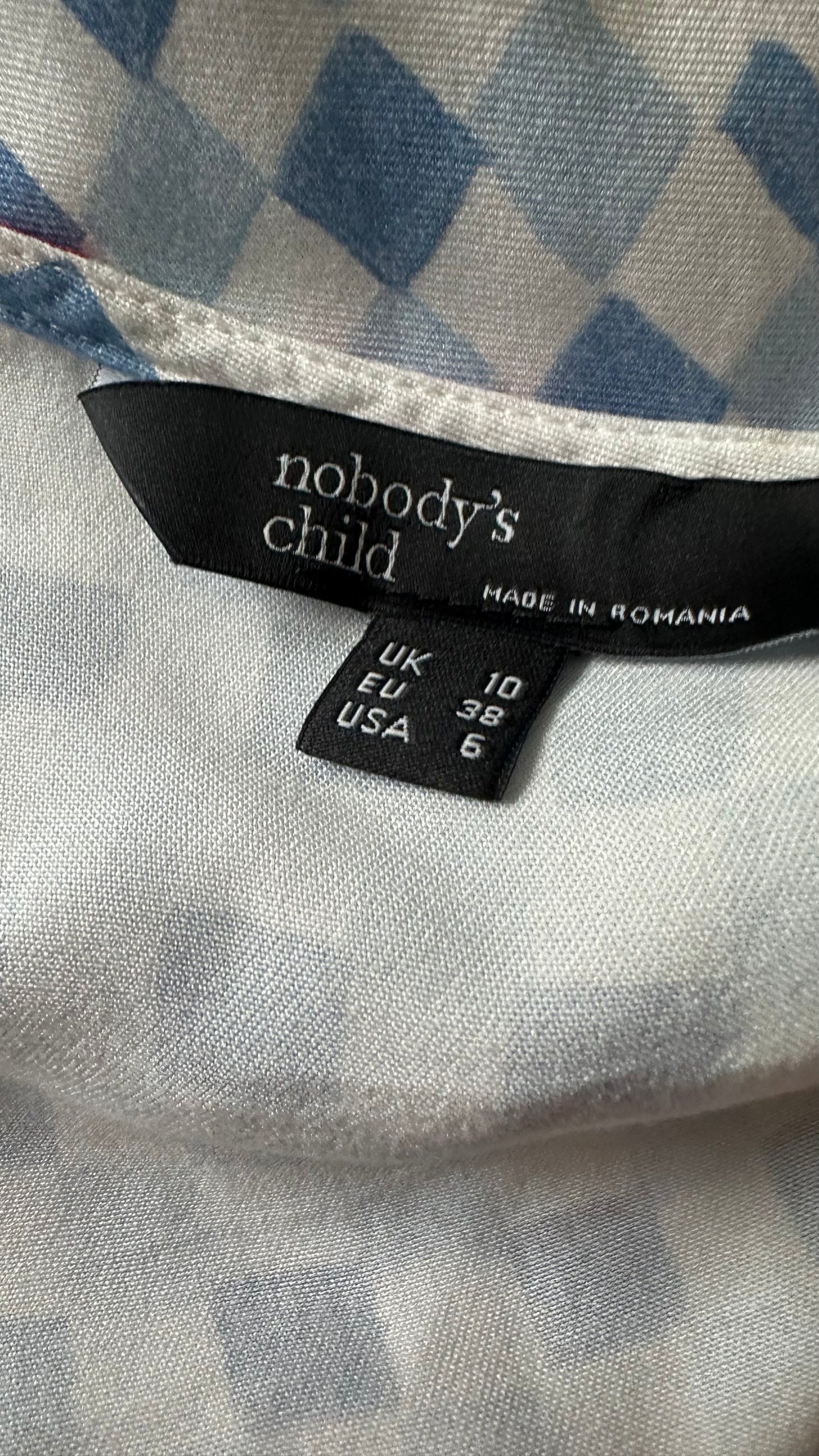 Nobody’s Child light blue white gingham check red floral midi long dress small UK 10 vgc