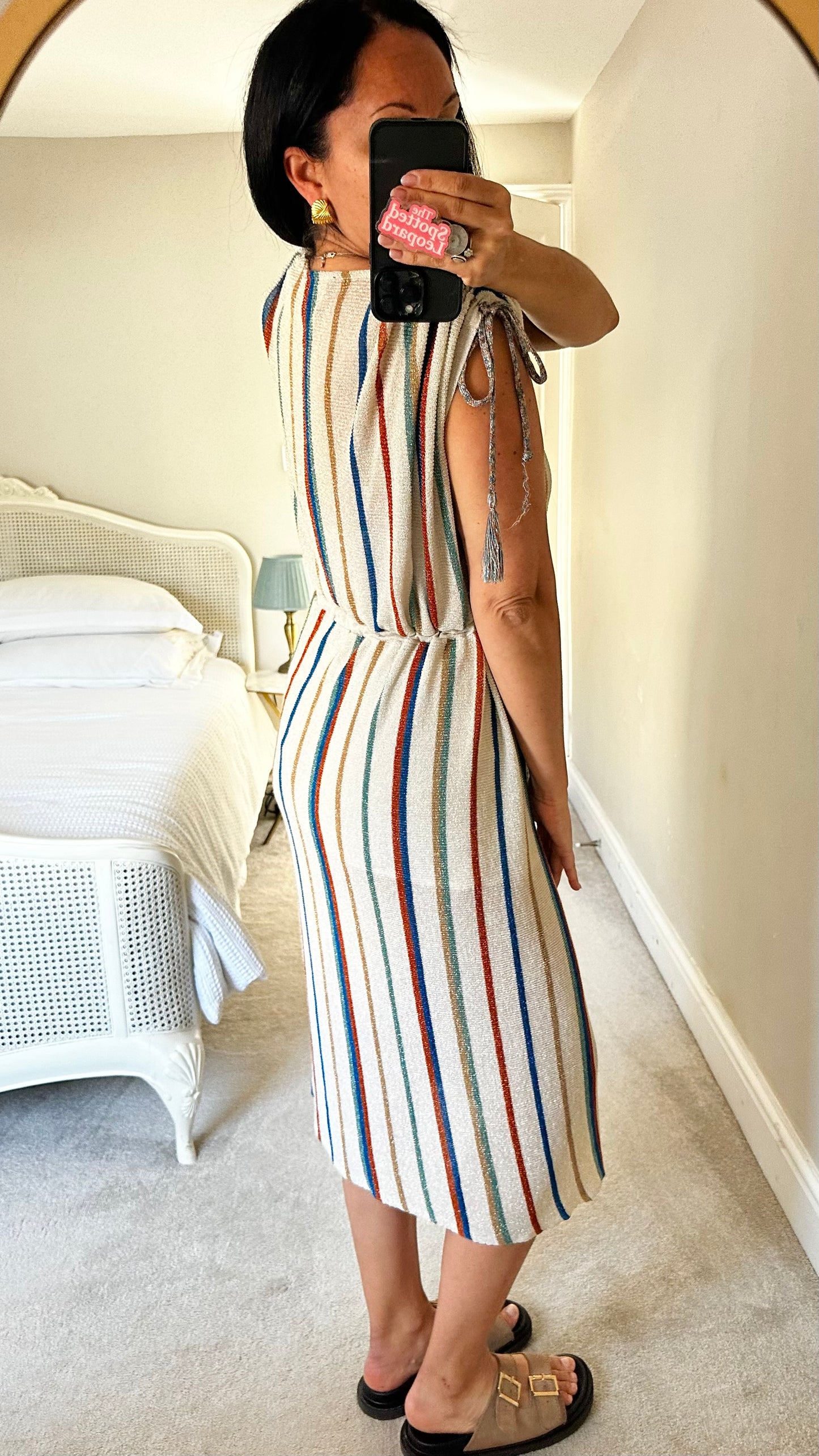 Zara cream metallic stripe midi boho button up dress small UK 10 vgc
