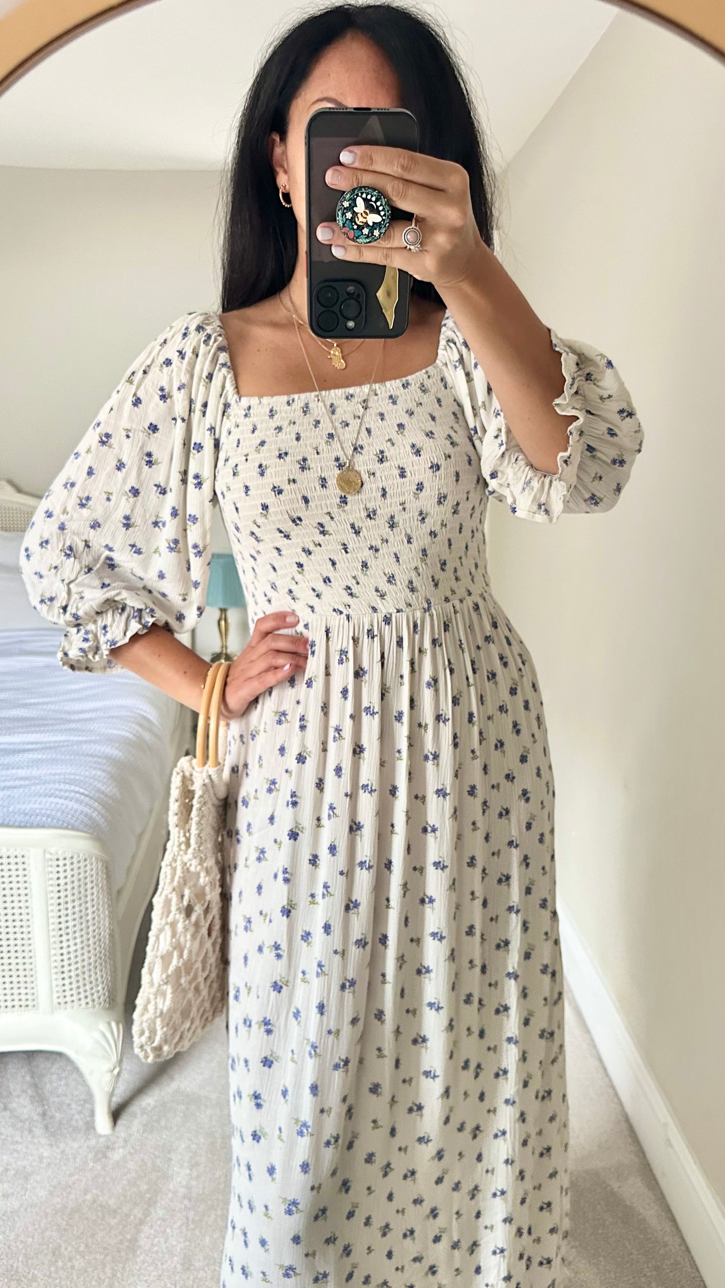 Warehouse white blue floral ditsy midi maxi long dress extra small medium UK 6 12 vgc