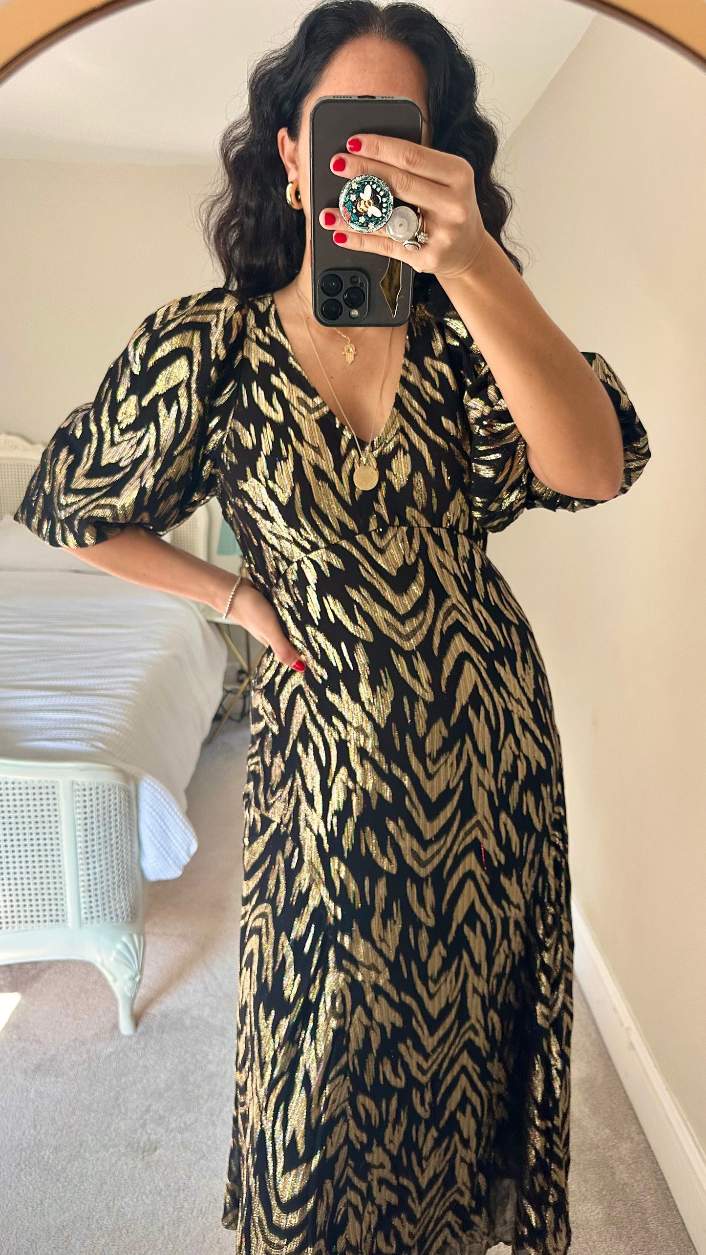 River Island black gold event maxi long dress medium UK 14 vgc