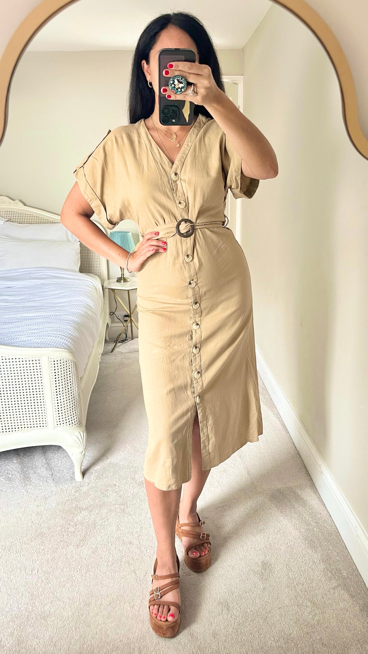 Warehouse beige khaki belt midi dress extra small XS UK 6 8 vgc linen blend