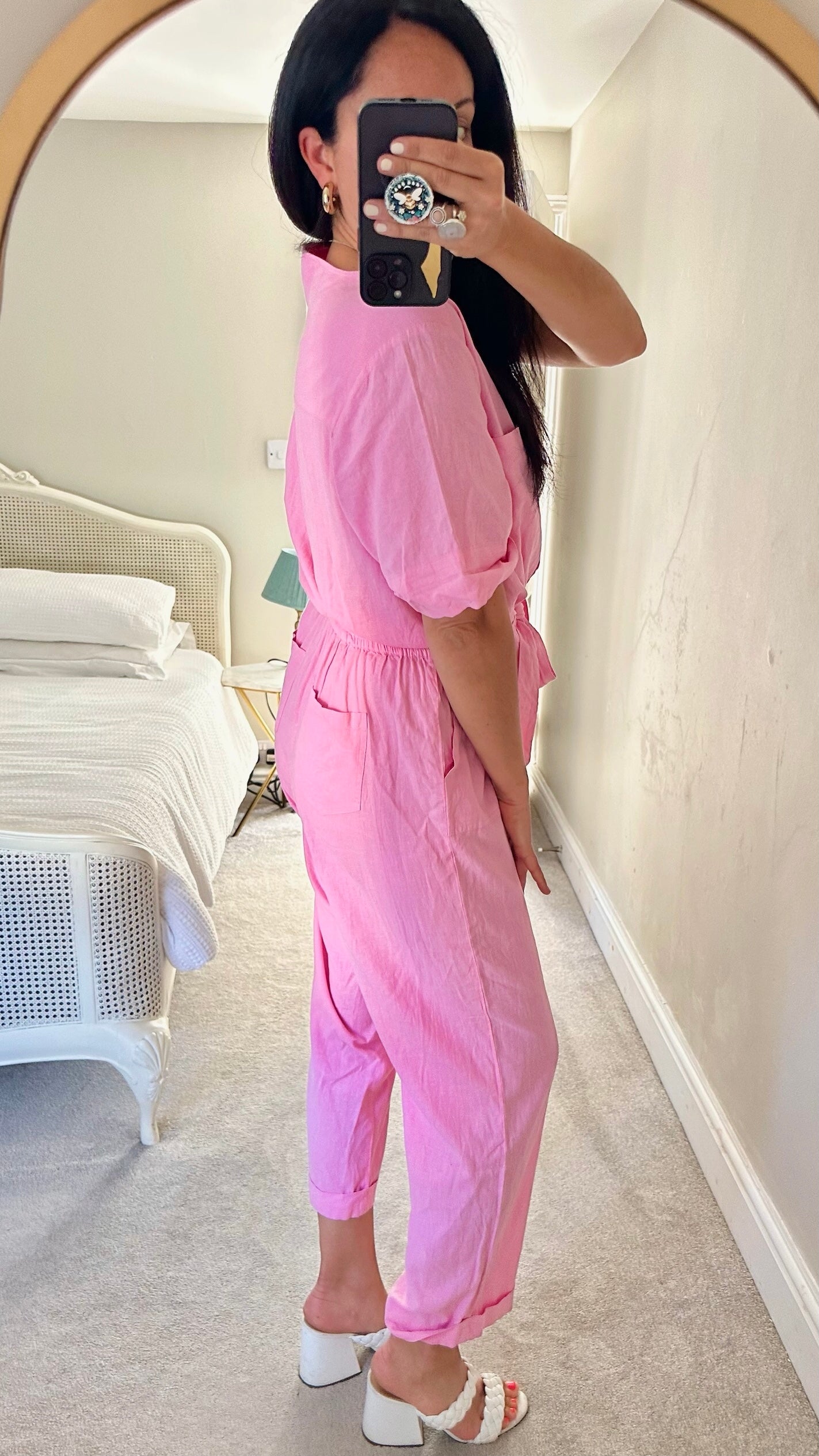 Oliver bonas rose pink linen blend boiler suit jumpsuit small large UK 8 12 vgc
