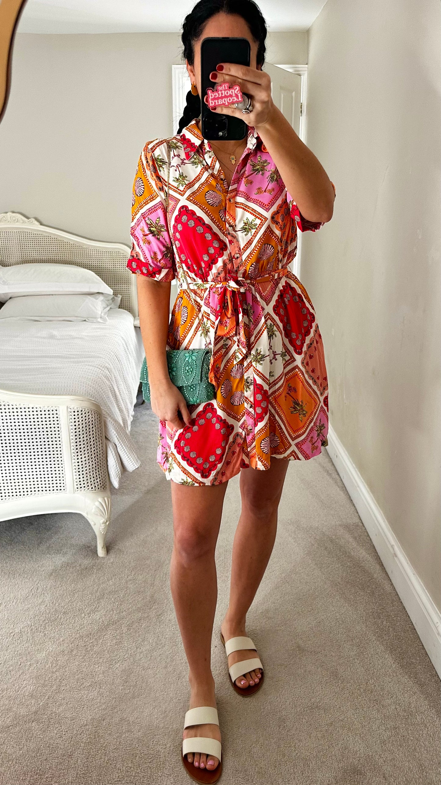 Oliver Bonas red pink shell print holiday shirt dress small medium UK 10-12 vgc