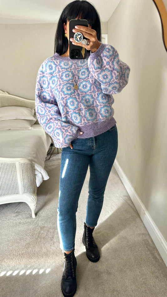 Oliver bonas lilac blue abstract floral printed knitted jumper extra large XL UK 14