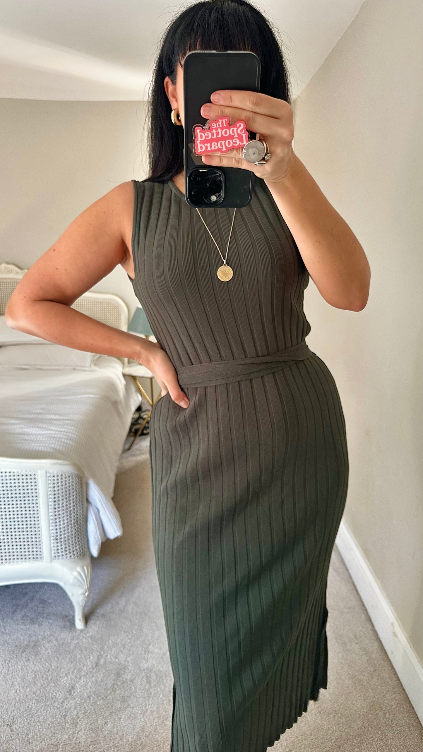Oliver Bonas Olive khaki green ribbed stretch midi dress small medium UK 10-12 vgc